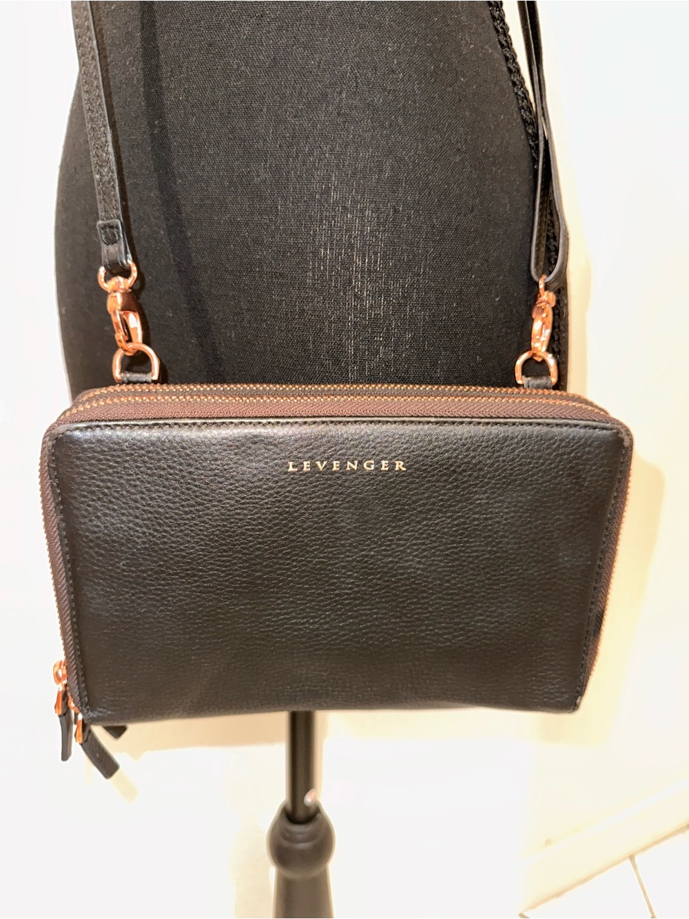 Levenger Black Pebbled Leather Crossbody with Rose Gold Hardware